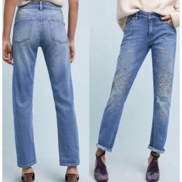 Pilcro Anthropologie Size 26 Embroidered Slim Boyfriend Pocket Blue High Rise F8 - Picture 2 of 8